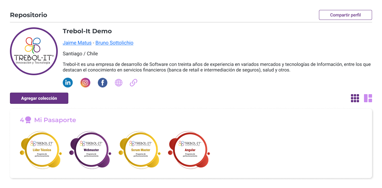 Vista de perfil organización en Signia